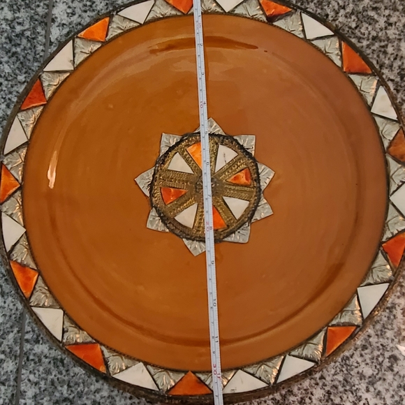 Large Bowl with Inlaid Camel Bone Metal Ceramic Bowl Morocco 13" Diameter Orange - Picture 6 of 8